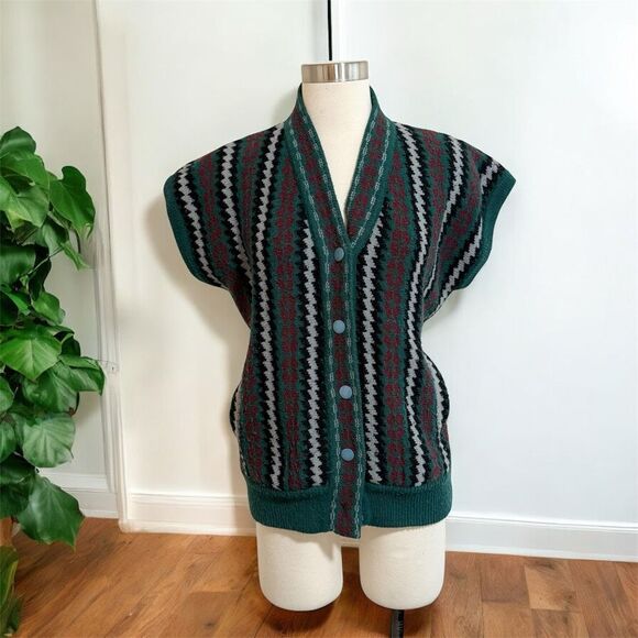 Vintage Ling Kong 1990s Stripe Acrylic Sweater Vest Medium Button Down Cap - Picture 1 of 7